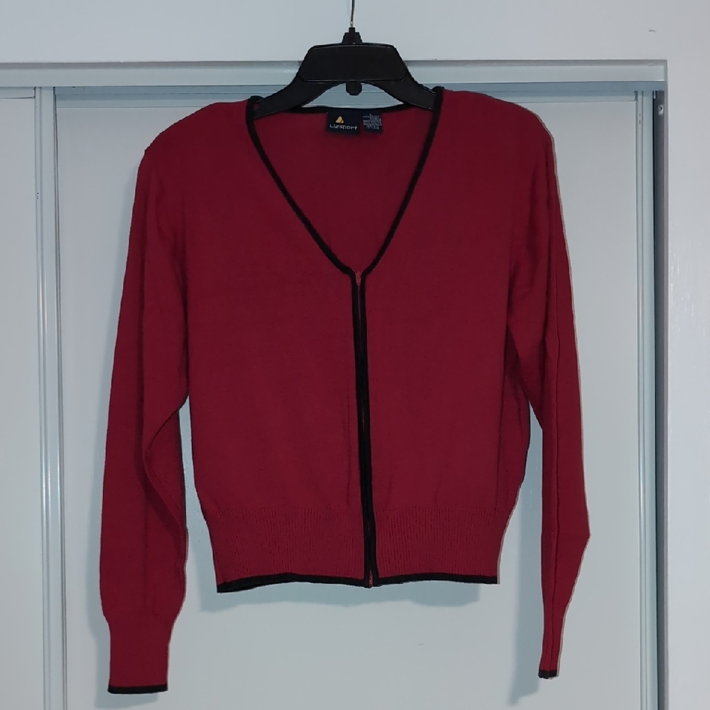 Liz Sport red V-Neck Women's Sweater w/ Black Trim Zip Up - L